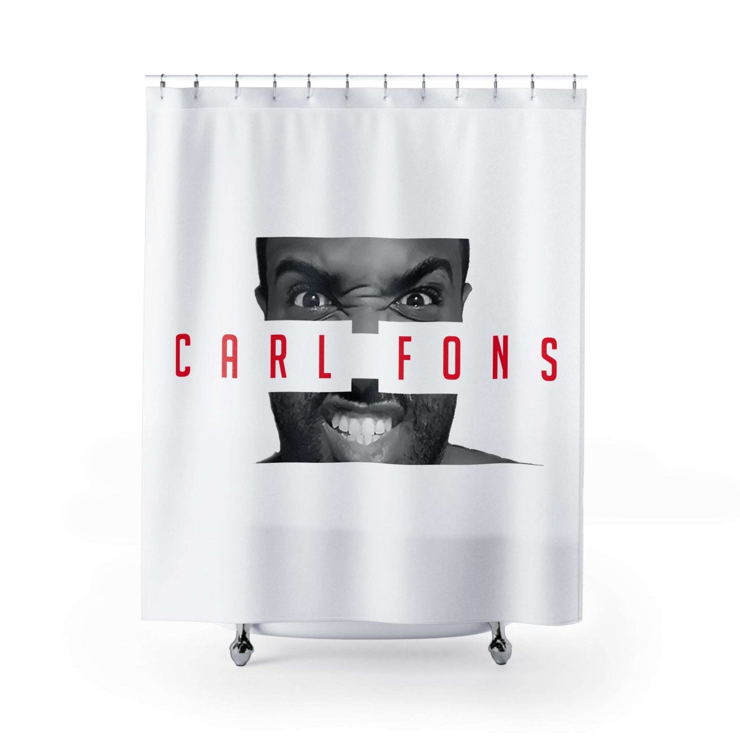 Angry Face Typography Shower Curtain | Carl Fons Red Text Zarabunda The Shop