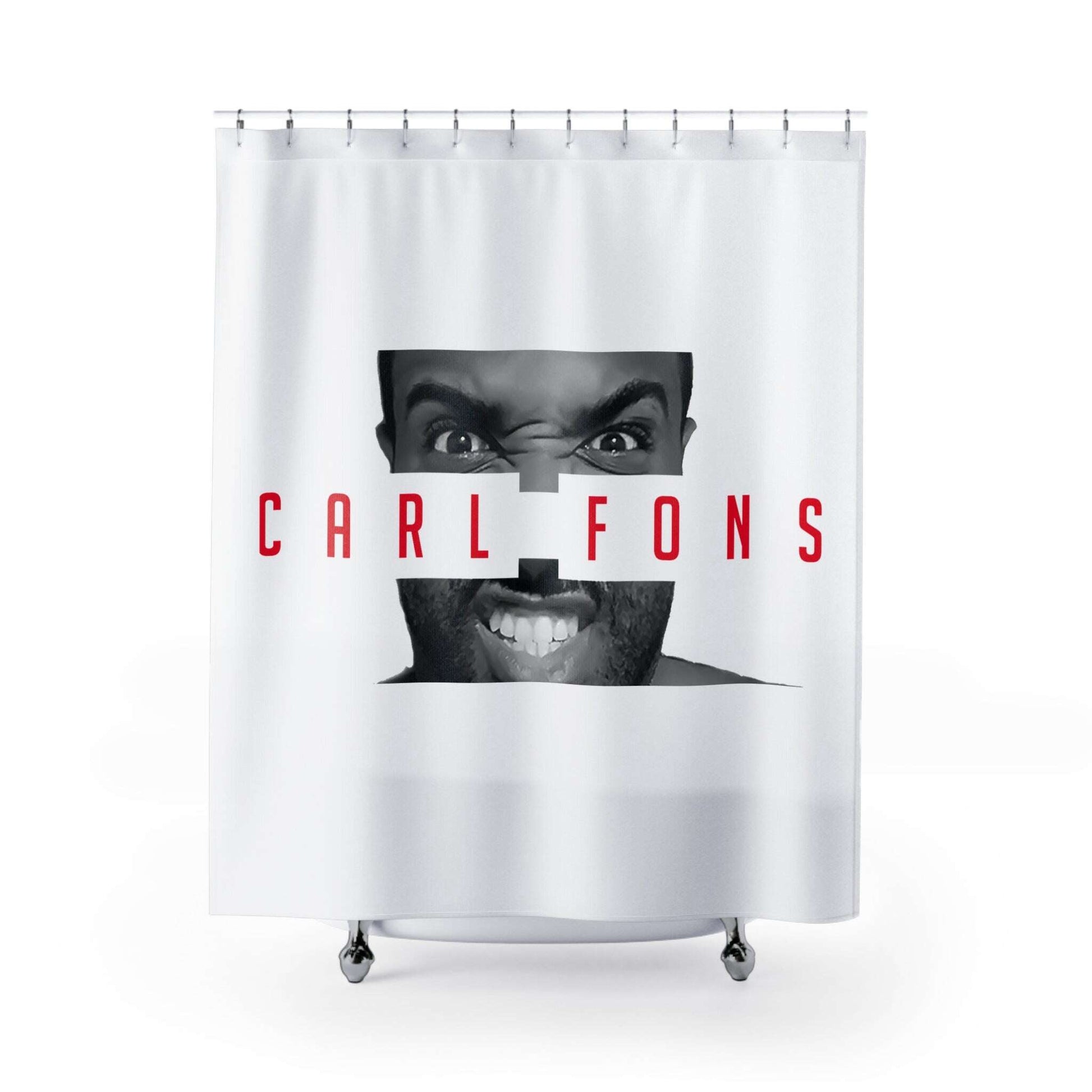 Angry Face Typography Shower Curtain | Carl Fons Red Text Zarabunda The Shop