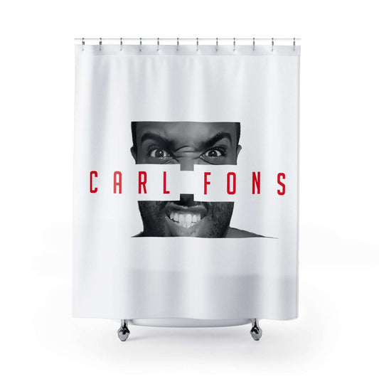 Angry Face Typography Shower Curtain | Carl Fons Red Text Zarabunda The Shop