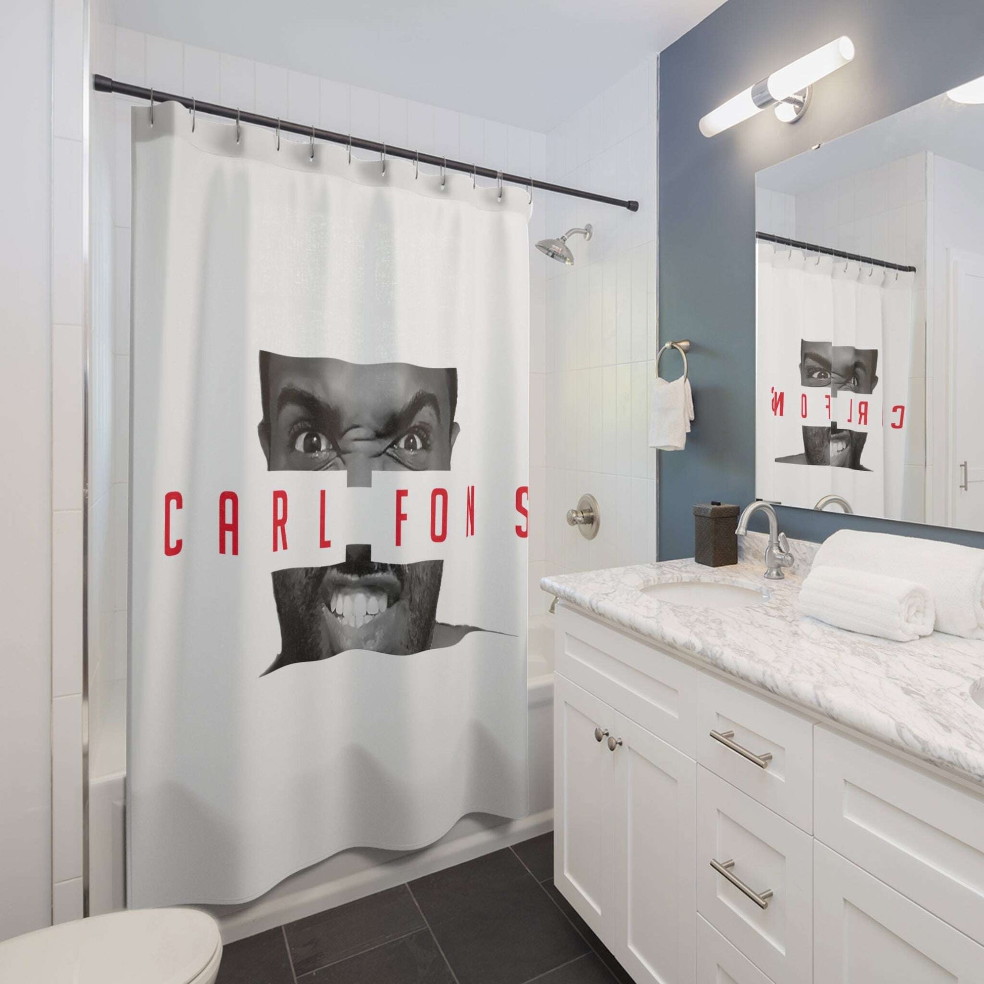 Angry Face Typography Shower Curtain | Carl Fons Red Text Zarabunda The Shop