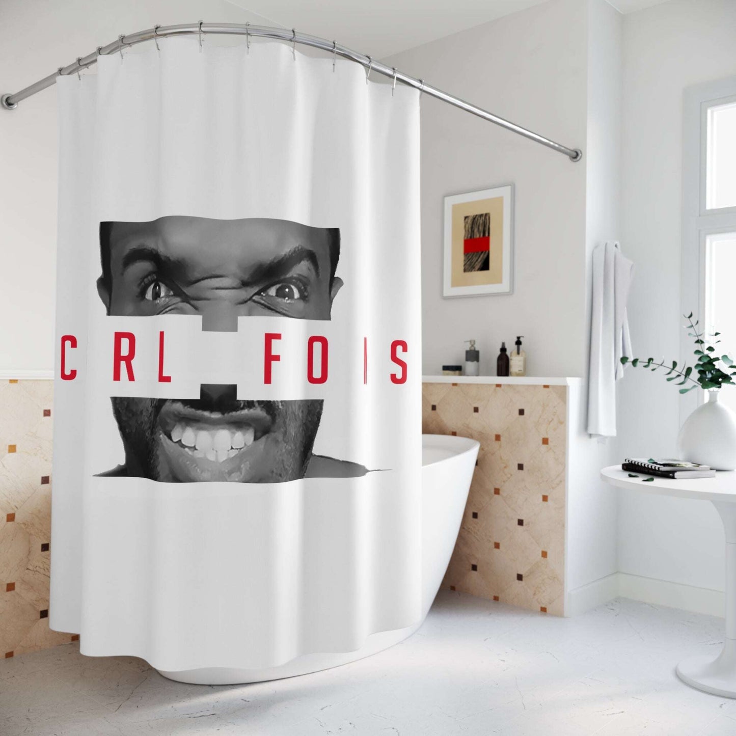 Angry Face Typography Shower Curtain | Carl Fons Red Text Zarabunda The Shop