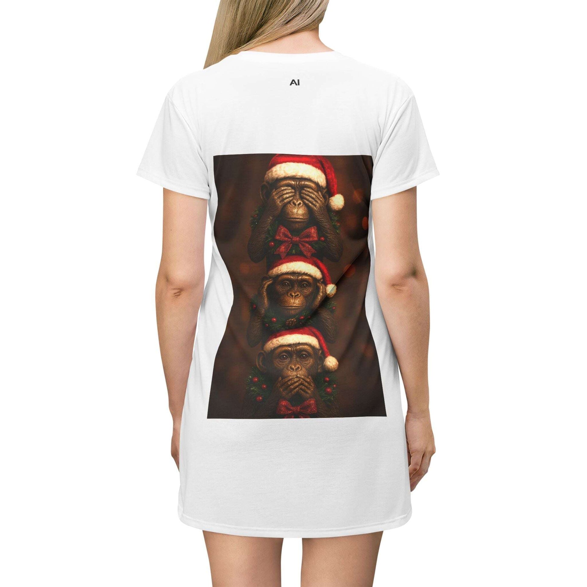 Three Monkeys Christmas Tee Dress | All-Over Print Zarabunda The Shop